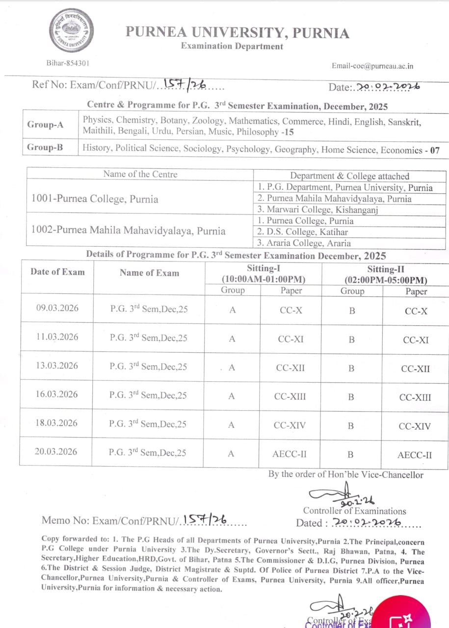 Purnea University PG 3rd Semester Exam Date 2024-26 —पूर्णिया यूनिवर्सिटी पीजी थर्ड सेमेस्टर परीक्षा प्रोग्राम जारी